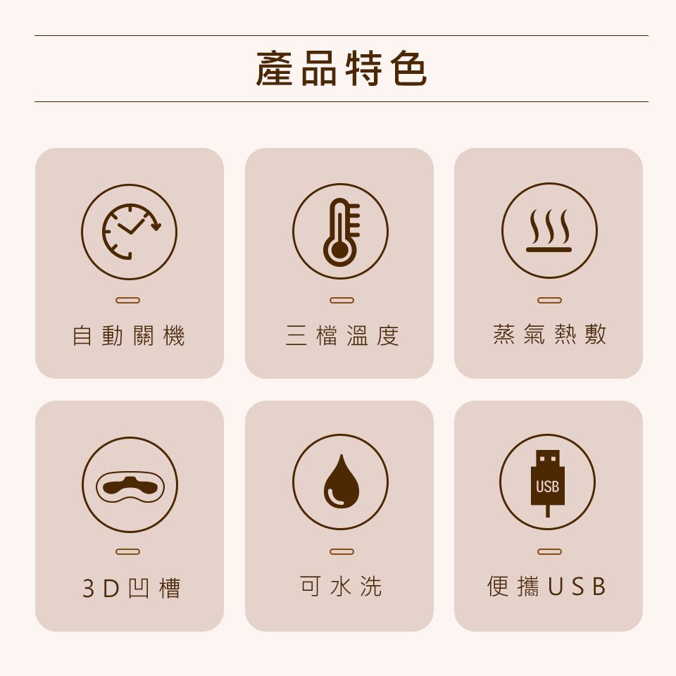 產品特色自動關機三檔溫度蒸氣熱敷USB3D 凹槽可水洗便攜 USB