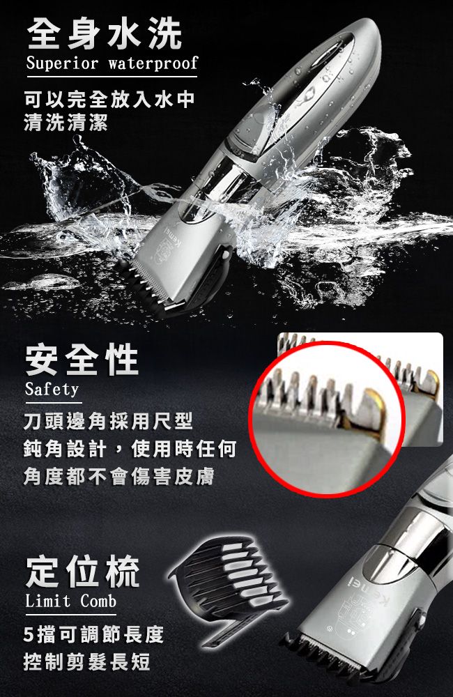 全身水洗Superior waterproof可以完全放入水中清洗清潔安全性Safety刀頭邊角採用尺型鈍角設計,使用時任何角度都不會傷害皮膚定位梳Limit Comb5擋可調節長度控制剪髮長短