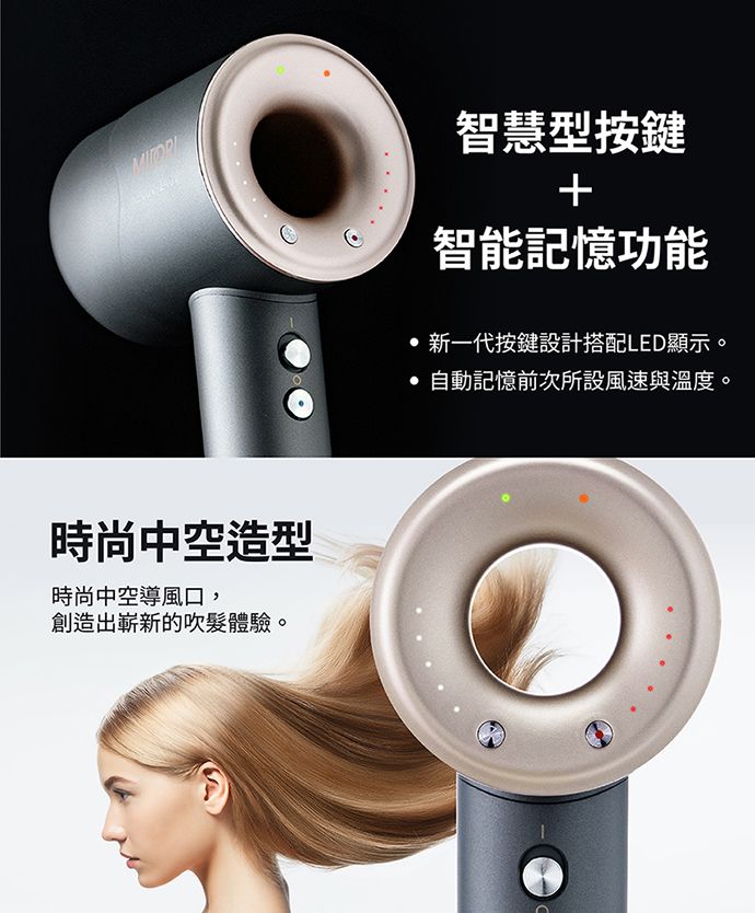 智慧型按鍵智能記憶功能時尚中空造型時尚中空導風口,創造出嶄新的吹髮體驗。新一代按鍵設計搭配LED顯示。自動記憶前次所設風速與溫度。