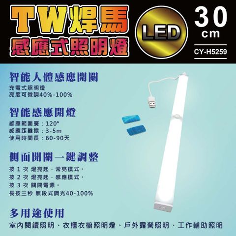 焊馬 【TW】H5259 LED智能 人體 感應 開關 充電式30cm照明燈