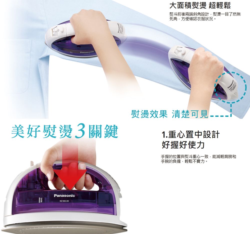 美好熨燙關鍵PanasonicWL30大面積熨燙 超輕鬆熨斗前後兩端斜角設計熨燙一目了然無死角方便確認衣服狀況。熨燙效果 清楚可見1.重心置中設計好握好力手握的位置與熨斗重心一致能減輕肩膀和手腕的負擔,輕鬆不費力。