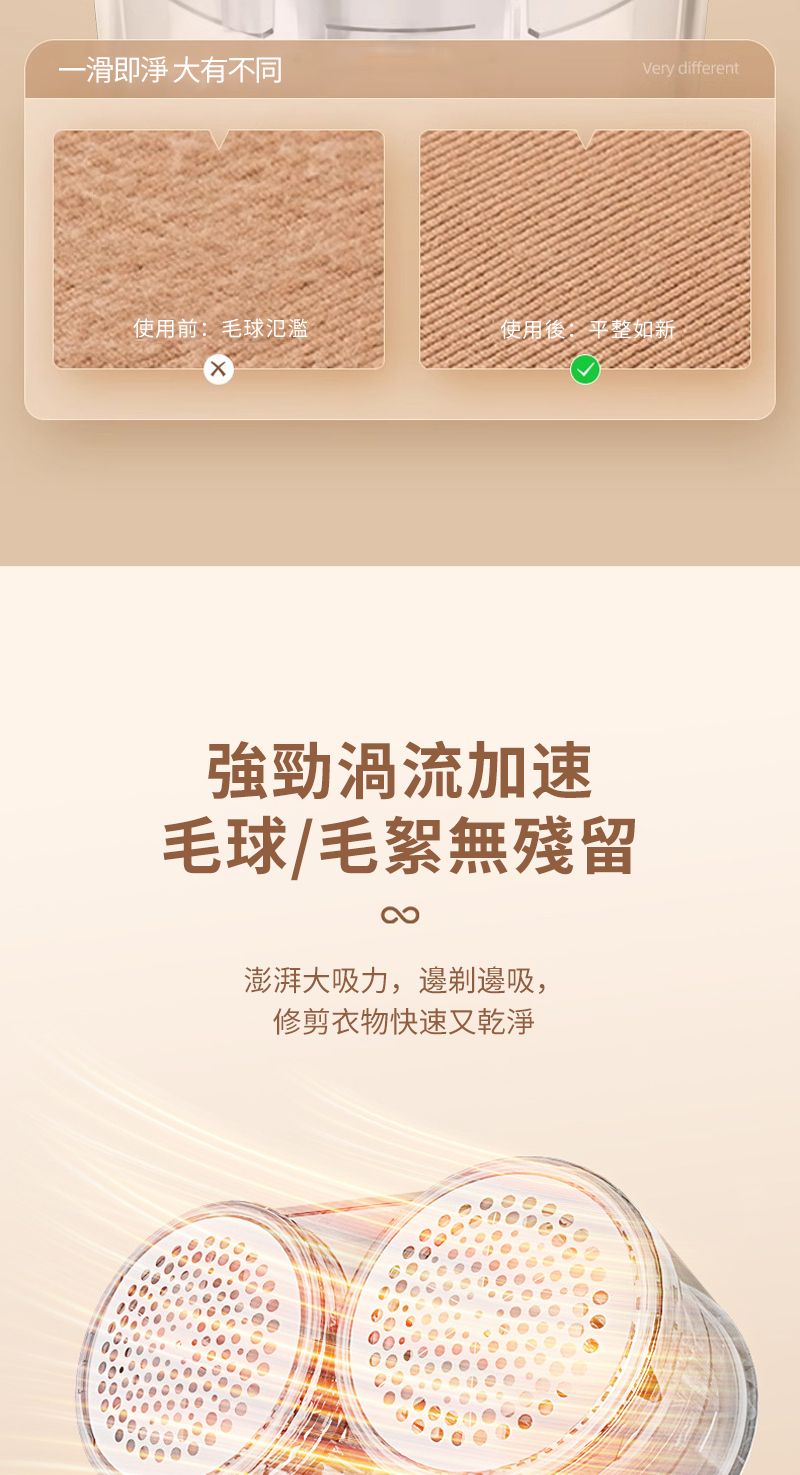 一滑即淨 大有不同Very different使用前:毛球氾濫使用後:平整如新強勁渦流加速毛球/毛絮無殘留澎湃大吸力,邊剃邊吸,修剪衣物快速又乾淨
