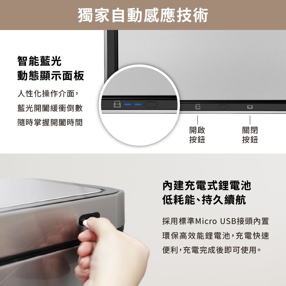 獨家自動感應技術智能藍光動態顯示面板人性化操作介面,藍光開闔緩衝倒數隨時掌握開闔時間開啟按鈕關閉按鈕內建充電式鋰電池低耗能持久續航採用標準Micro USB接頭內置環保高效能鋰電池,充電快速便利,充電完成後即可使用。