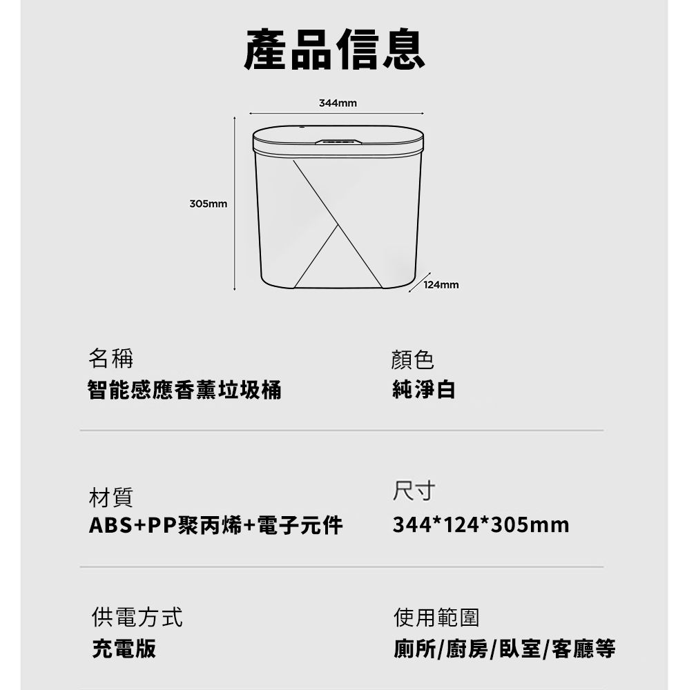 名稱305mm產品信息智能感應香薰垃圾桶344mm材質ABS+PP聚丙烯+電子元件供電方式充電版124mm顏色純淨白尺寸344*124*305mm使用範圍廁所/廚房/臥室/客廳等