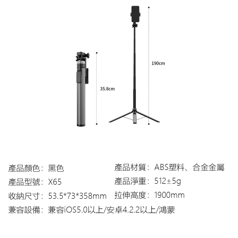 35.8cm190cm產品顏色:黑色產品型號:X65產品材質:ABS塑料、合金金屬產品淨重:512±5g收納尺寸:53.5*73*358mm 拉伸高度:1900mm兼容設備:兼容iOS5.0以上/安卓4.2.2以上/鴻蒙