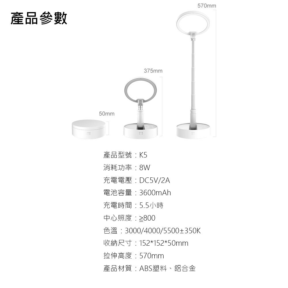 產品參數50mm375mm570mm產品型號K5消耗功率:充電電壓:DC5V/2A電池容量:3600mAh充電時間:5.5小時中心照度:≥800色溫:3000/4000/5500±350K收納尺寸:152*152*50mm拉伸高度:570mm產品材質:ABS塑料、鋁合金