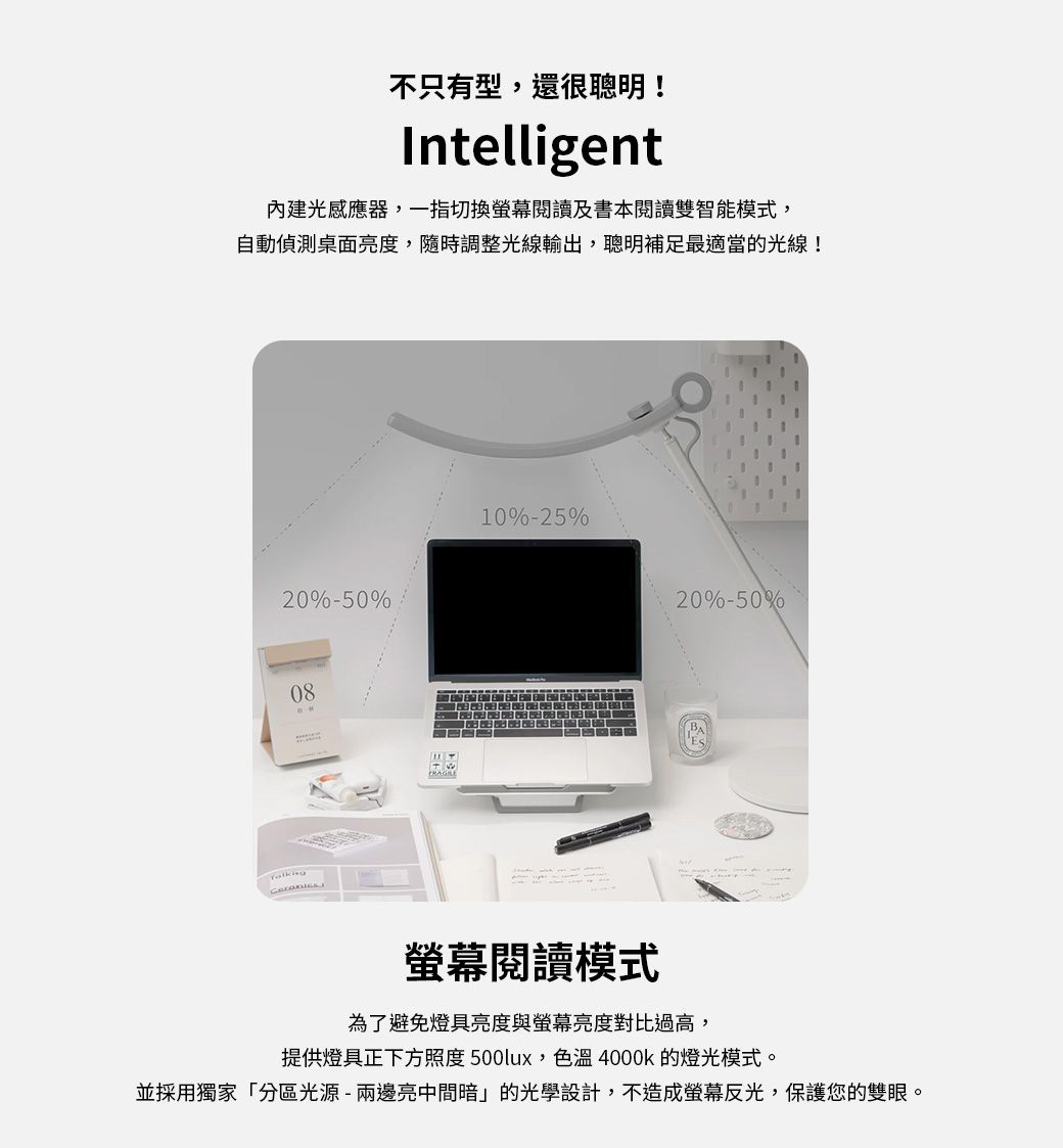 不只有型,還很聰明!Intelligent內建光感應器,一指切換螢幕閱讀及書本閱讀雙智能模式,自動偵測桌面亮度,隨時調整光線輸出,聰明補足最適當的光線!20%-50%800810%-25%20%-50%螢幕閱讀模式為了避免燈具亮度與螢幕亮度對比過高,提供燈具正下方照度500lux,色溫 4000k的燈光模式。並採用獨家「分區光源-兩邊亮中間暗」的光學設計,不造成螢幕反光,保護您的雙眼。
