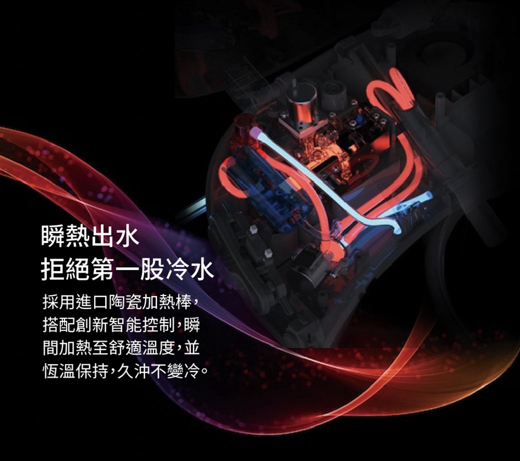 瞬熱出水拒絕第一股冷水採用進口陶瓷加熱棒,搭配創新智能控制,瞬間加熱至舒適溫度,並恆溫保持,久沖不變冷。
