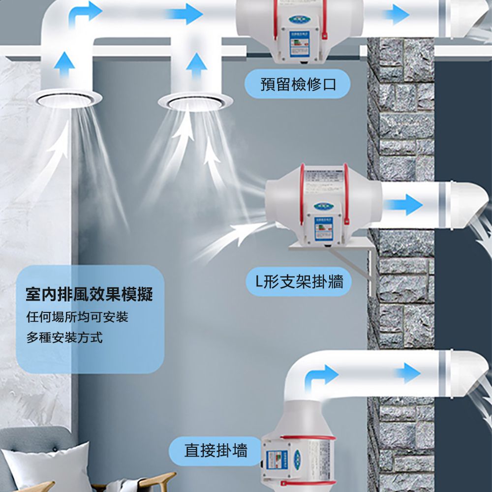 預留檢修口L形支架掛牆室内排風效果模擬任何場所均可安裝多種安裝方式直接