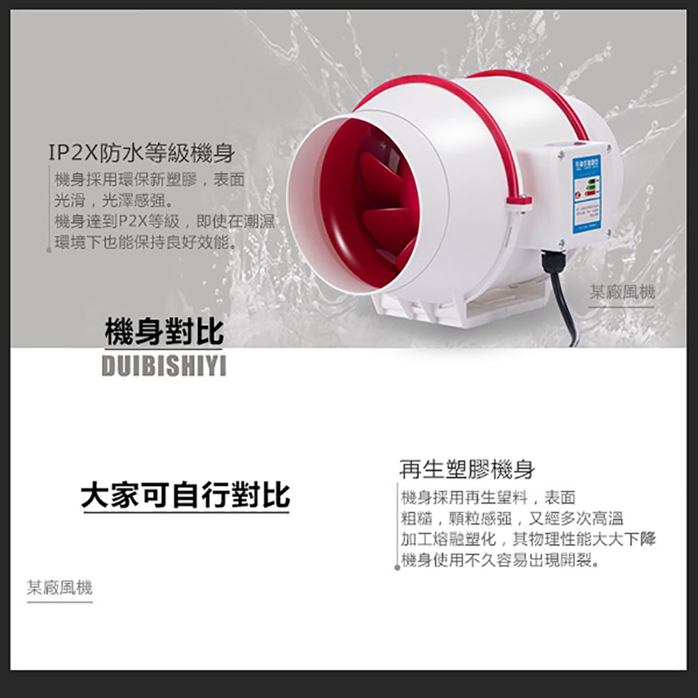 IP2X防水等級機身機身採用環保新塑膠,表面光滑,光澤感。機身達到P2X等級,即使在潮濕環境下也能保持良好效能。機身對比DUIBISHIYI某廠風機大家可自行對比再生塑膠機身機身採用再生望料,表面粗糙,顆粒感强,又經多次高溫加工熔融塑化,其物理性能大大下降機身使用不久容易出現開裂。某廠風機