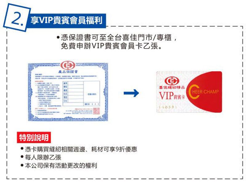 VP賓會員福利憑保證書可至全台門市/專櫃,免費申辦VIP貴賓會員卡乙張。產品保證書 特別說明憑卡購買縫紉相關週邊、耗材可享9折優惠每人限辦乙張本公司保有活動更改的權利佳VIP貴HEER CHAMPI