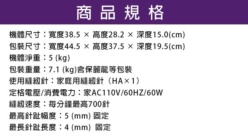 商品規格機體尺寸寬度38.5高度28.2深度15.0cm)包裝尺寸寬度44.5高度37.5深度19.5(cm)機體淨重:5(kg)包裝重量:7.1(kg)含保麗龍等包裝使用針:家庭用針(HA×1)定格電壓/消費電力:家AC110V/60HZ/60W縫紉速度:每分鐘最高700針最高針趾幅度:5 (mm) 固定最長針趾長度 (mm)固定