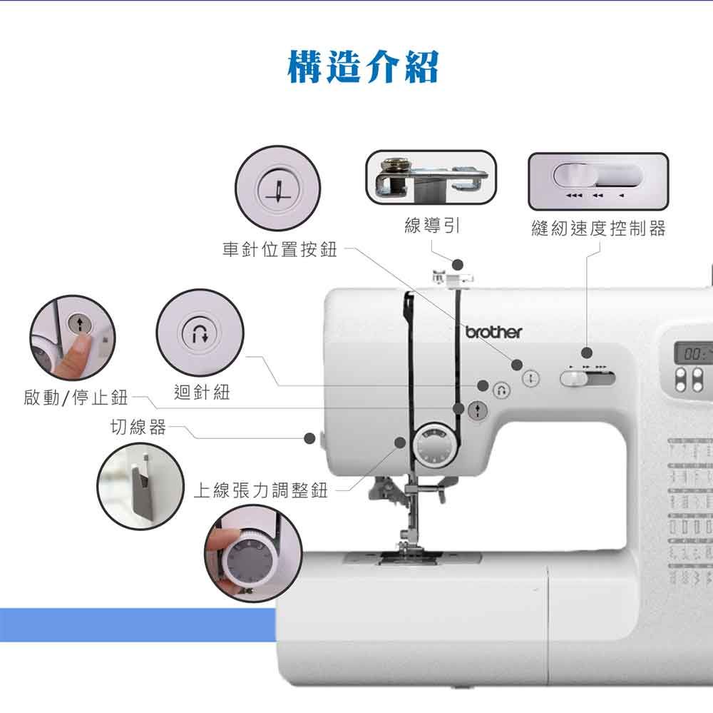 構造介紹444線導引縫紉速度控制器車針位置按啟動/停止鈕迴針紐切線器上線張力調整鈕brother0088