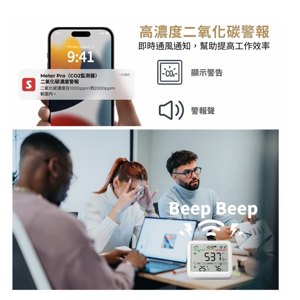 高濃度二氧化碳警報Monday, August 12即時通風通知,幫助提高工作效率9:41Meter Pro(CO2監測器1分鐘前顯示警告S二氧化碳濃度警報二氧化碳濃度在1000ppm到2000ppm範圍內。) 警報聲Beep Beep  25