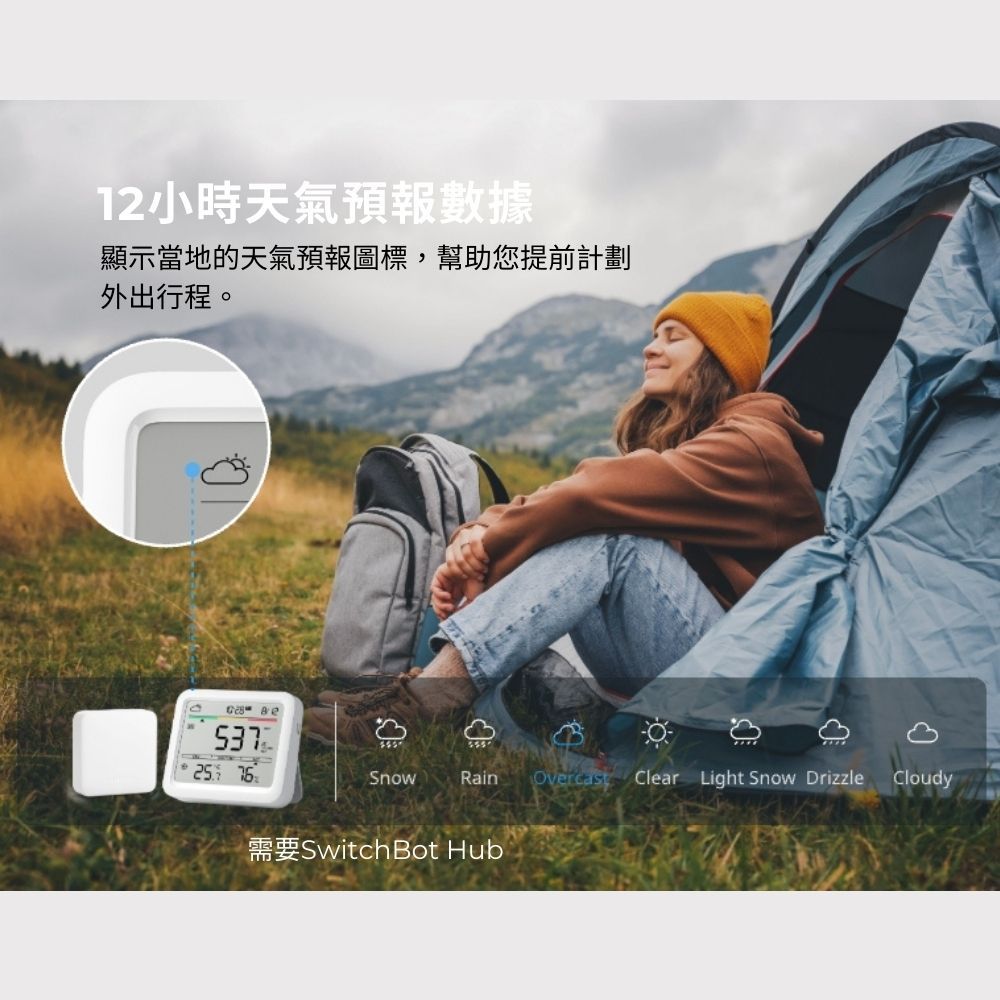 12小時天氣預報數據顯示當地的天氣預報圖標,幫助您提前計劃外出行程。53725 SnowRainOvercast Clear Light Snow DrizzleCloudy需要Switch Bot Hub