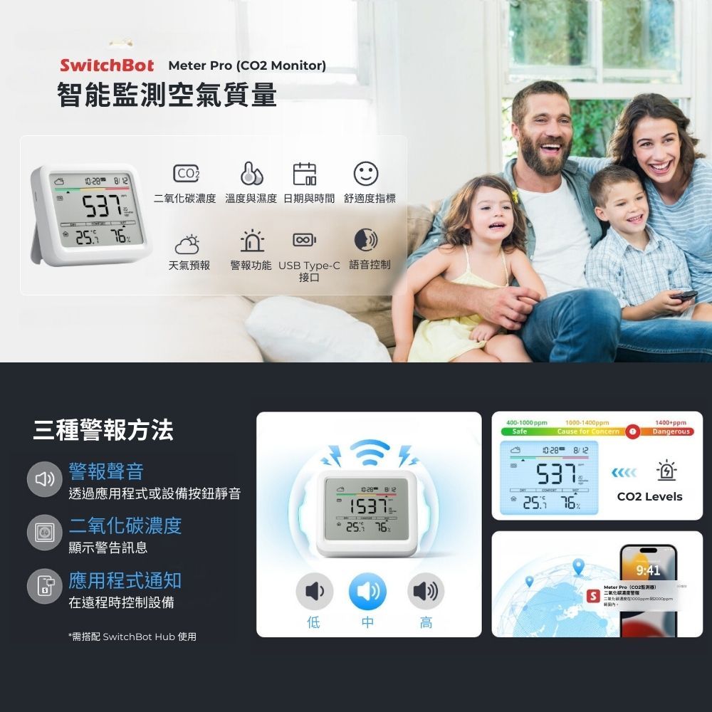 SwitchBot Meter  2 Monitor智能監測空氣質量CO 537 溫度與濕度 日期與時間舒適度指標 天氣預報 警報功能 USB Type-C 語音控制接口三種警報方法警報聲音透過應用程式或設備按鈕靜音二 25 顯示警告訊息 應用程式通知遠程時控制設備低*需搭配 SwitchBot Hub 使用400-Safe1000-1400ppmCause for Concern1400+ppmDangerous 53725  Levels9:41Meter Pro(CO2二氧化碳濃度氧化碳濃度在1000ppm )