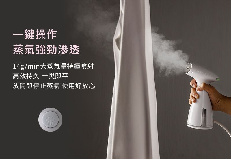 一鍵操作蒸氣強勁滲透14g/min大蒸氣量持續噴射高效持久 一即平放開即停止蒸氣 使用好放心
