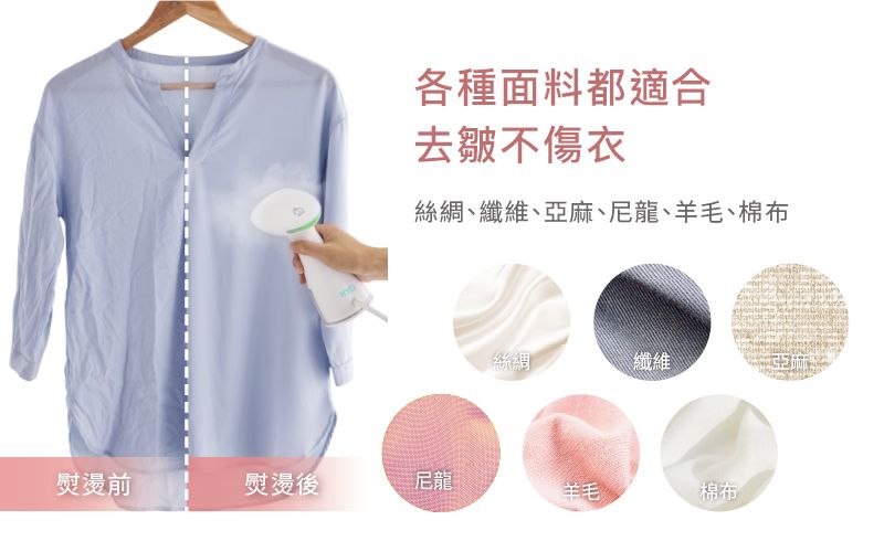 各種面料都適合去皺不傷衣絲綢、纖維、亞麻、尼龍、羊毛、棉布絲綢纖維亞麻熨燙前熨燙後尼龍羊毛棉布