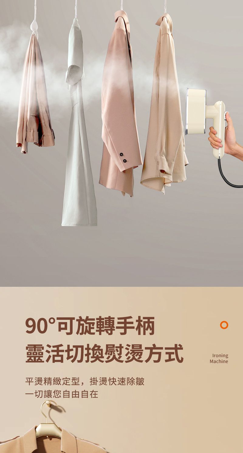 90°可旋轉手柄靈活切換熨燙方式平燙精緻定型,掛燙快速除皺一切讓您自由自在IroningMachine