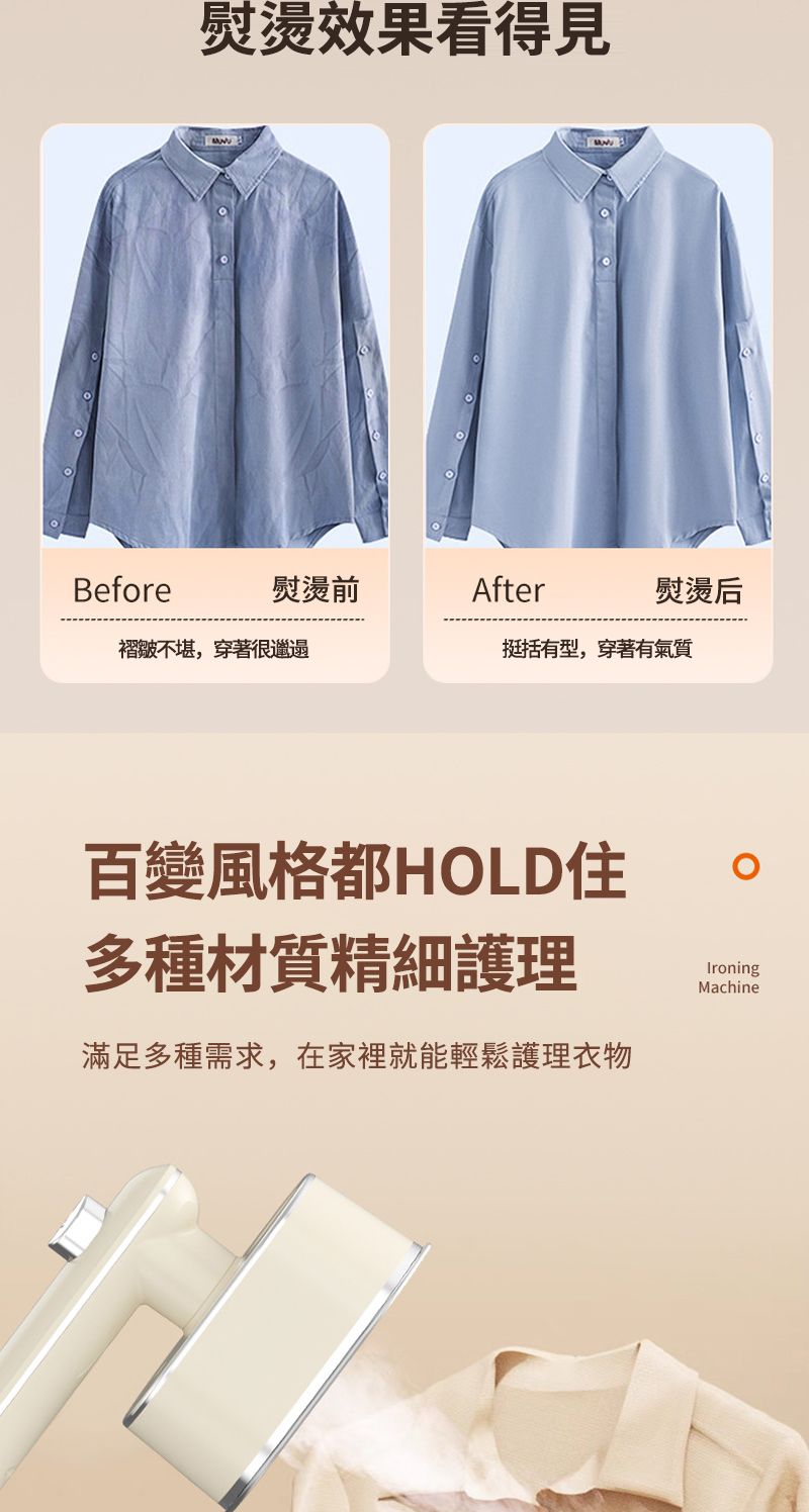 熨燙效果看得見Before熨燙前After熨燙后褶皺不堪,穿著很邋遢挺括有型,穿著有氣質百變風格都HOLD住多種材質精細護理滿足多種需求,在家裡就能輕鬆護理衣物IroningMachine