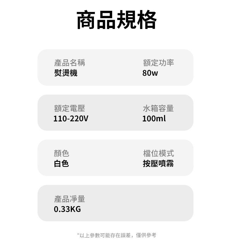 商品規格產品名稱熨燙機額定電壓110-220V顏色白色產品量0.33KG額定功率80w水箱容量100ml檔位模式按壓噴霧“以上參數可能存在誤差,僅供參考