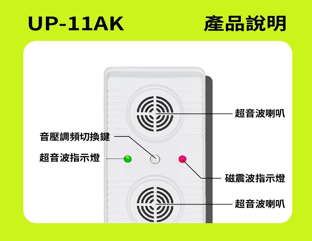 UP-11AK產品說明音壓調頻切換鍵超音波指示燈･超音波喇叭磁震波指示燈超音波喇叭