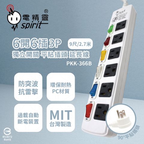 【電精靈spirit】【2入組】台灣製 PKK-366B 9尺 2.7米 6開6插 3P 獨立開關 插座 電腦延長線