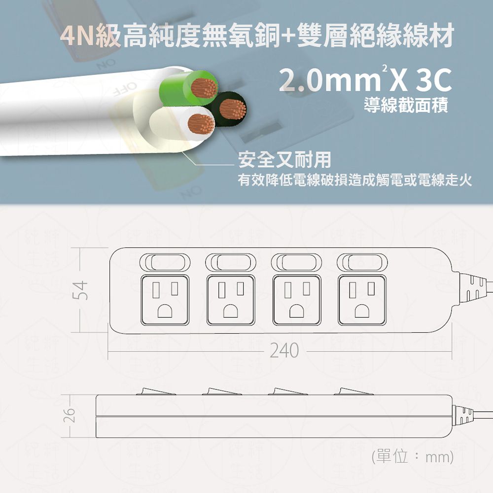 spirit 電精靈 【2入組】台灣製 PSK-334A 6尺 1.8米 4開4插 3P 扁平插頭 插座 電腦延長線