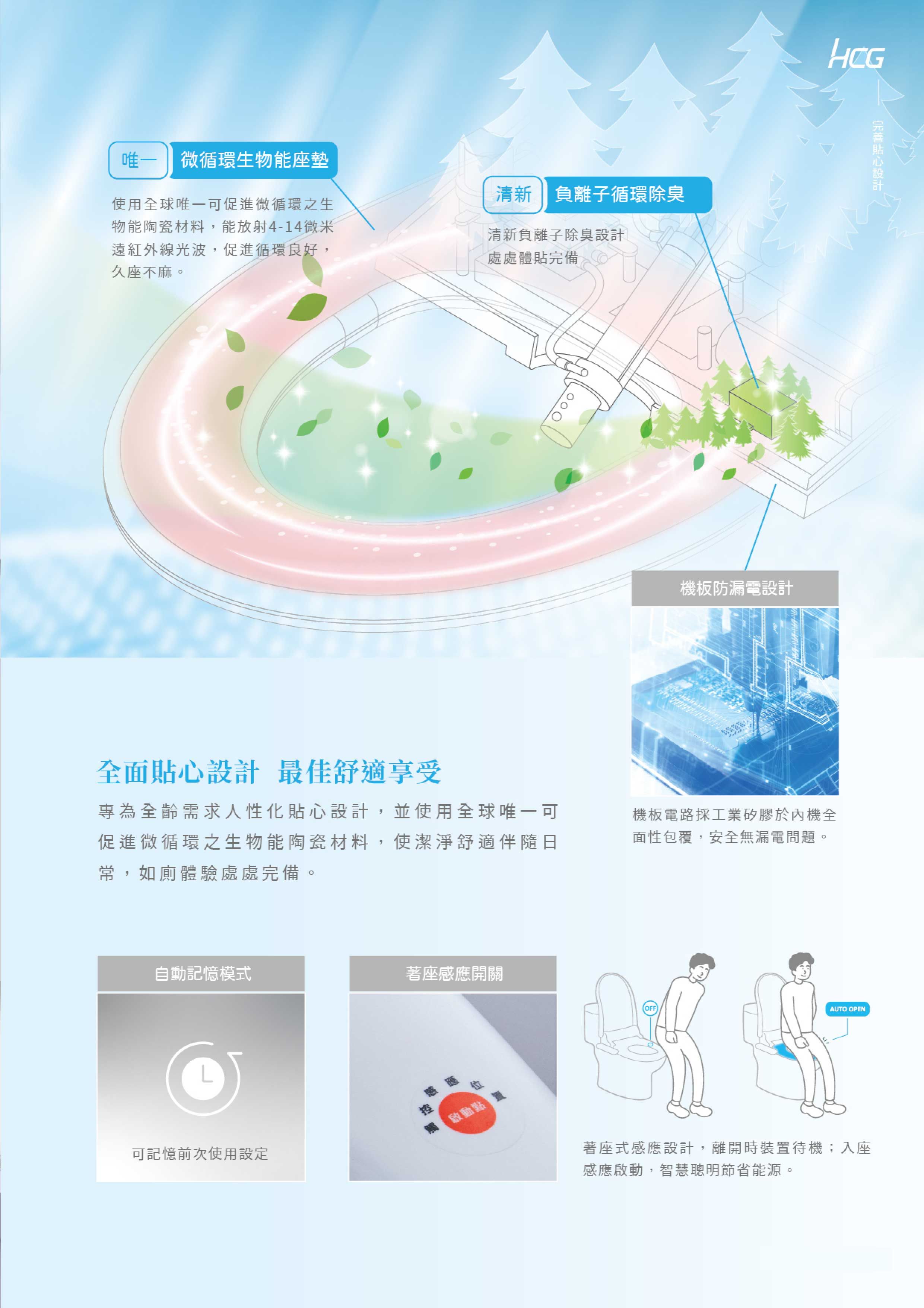 唯 微循環生物能座墊使用全球唯一可促進微循環之生物能陶瓷材料,能放射4-14微米遠紅外線光波,促進循環良好,久座不。清新 負離子循環除臭清新負離子除臭處處體貼完備全面設計 最佳舒適享受專為全齡需求人性化貼心設計,並使用全球唯一可促進微循環之生物能陶瓷材料,使潔淨舒適伴隨日常,如廁體驗處處完備。自動記憶模式著座感應開關可記憶前次使用設定麻 啟動點機板防漏電設計貼心設計機板電路採工業矽膠於內機全面性包覆,安全無漏電問題。OFFAUTO OPEN著座式感應設計,離開時裝置待機;入座感應啟動,智慧節省能源。