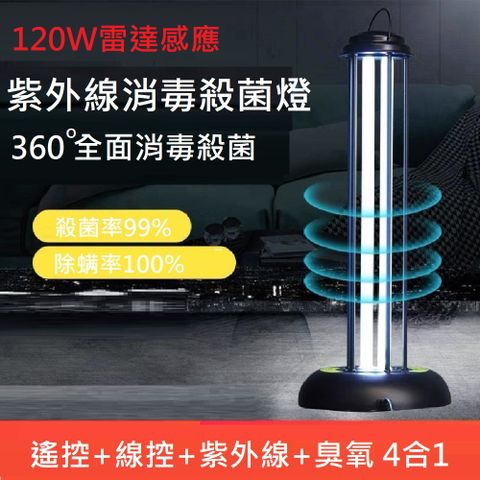 【Smart bearing 智慧魔力】旗艦120W感應遙控款黑金屬UV-C紫外線臭氧消毒殺菌燈 雙重滅菌(H燈管)