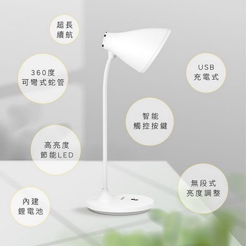 KINYO USB充插兩用大廣角LED檯燈(偏黃光),無段式亮度調整,智能觸控式按鍵