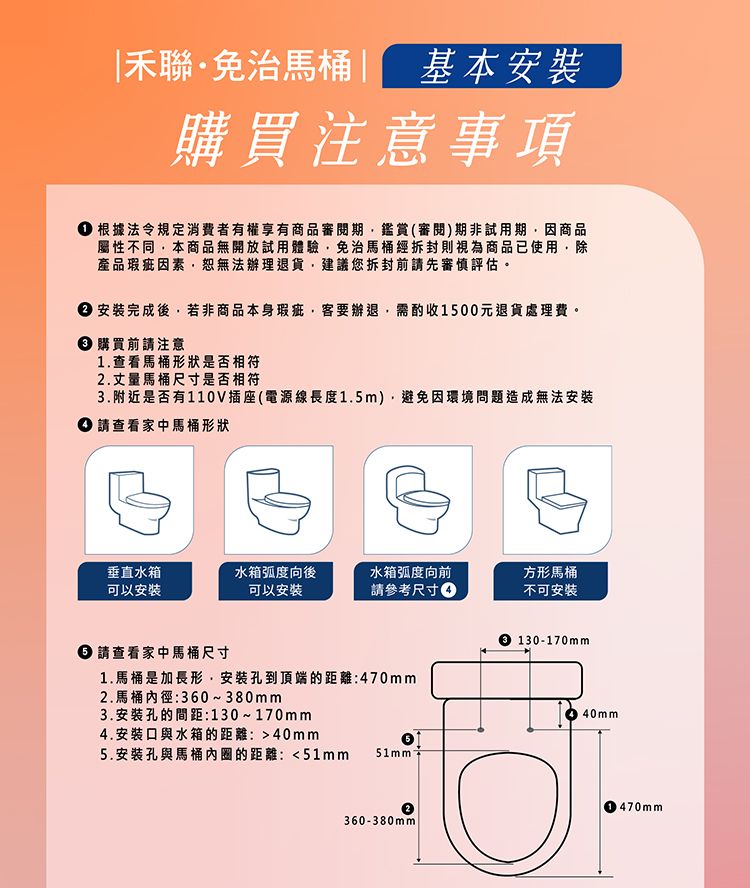 禾聯·免治馬桶| 基本安裝購買注意事項根據法令規定消費者有權享有商品審閱期鑑賞(審閱)期非試用期因商品屬性不同本商品無開放試用體驗免治馬桶經拆封則視為商品已使用除產品瑕疵因素恕無法辦理退貨建議您拆封前請先審慎評估。 安裝完成後,若非商品本身瑕疵,客要辦退,需酌收1500元退貨處理費。購買前請注意1.查看馬桶形狀是否相符2.丈量馬桶尺寸是否相符3.附近是否有110V插座(電源線長度1.5m),避免因環境問題造成無法安装 請查看家中馬桶形狀垂直水箱水箱弧度向後可以安装可以安装水箱弧度向前請參考尺寸方形馬桶不可安装 請查看家中馬桶尺寸1.馬桶是加長形,安裝孔到頂端的距離:470mm2.馬桶:360~380mm3.安裝孔的間距:130~170mm4.安裝口與水箱的距離:40mm5.安裝孔與馬桶內圈的距離:51mm51mm130-170mm40mm470mm360-380mm