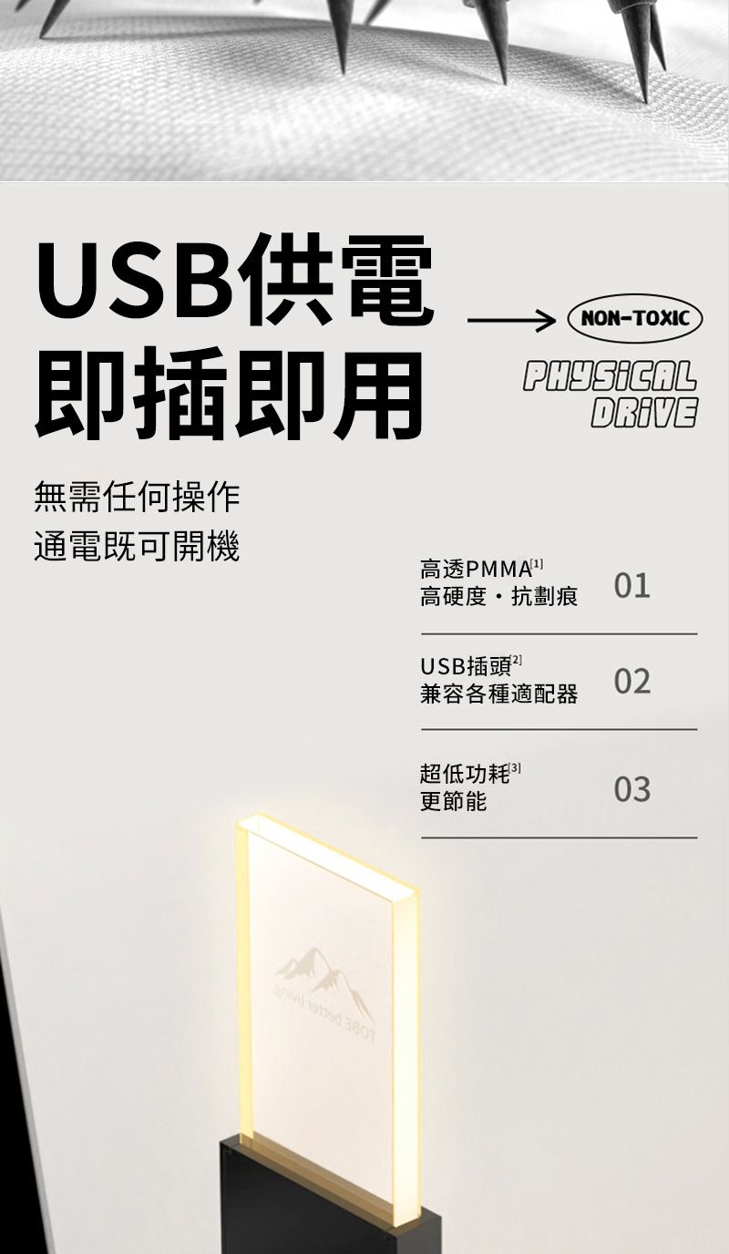 USB供電即插即用無需任何操作通電既可開機NON-OXIC高透高硬度抗劃痕01USB插頭 T02兼容各種適配器超低功耗03更節能