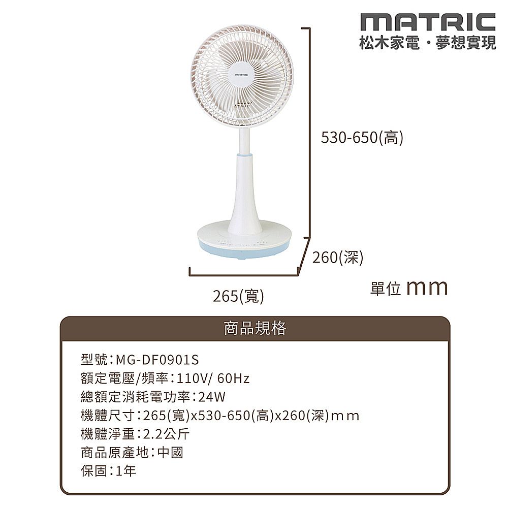 265(寬)MATRIC松木家電夢想實現530-650(高)260(深)型號:MG-DF0901S商品規格額定電壓/頻率:110V/60Hz總額定消耗電功率:24W機體尺寸:265(寬)x530-650(高)x260(深)mm機體淨重:2.2公斤商品原產地:中國保固:1年單位mm