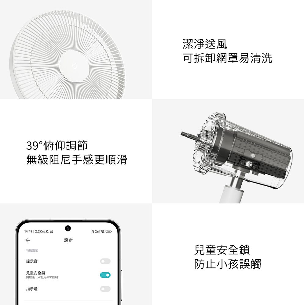 39°俯仰調節無級阻尼手感更順滑14:49  2.2K/功能設定提示音兒童安全鎖開啟後只能用APP控制指示燈潔淨送風可拆卸網罩易清洗兒童安全鎖防止小孩誤觸