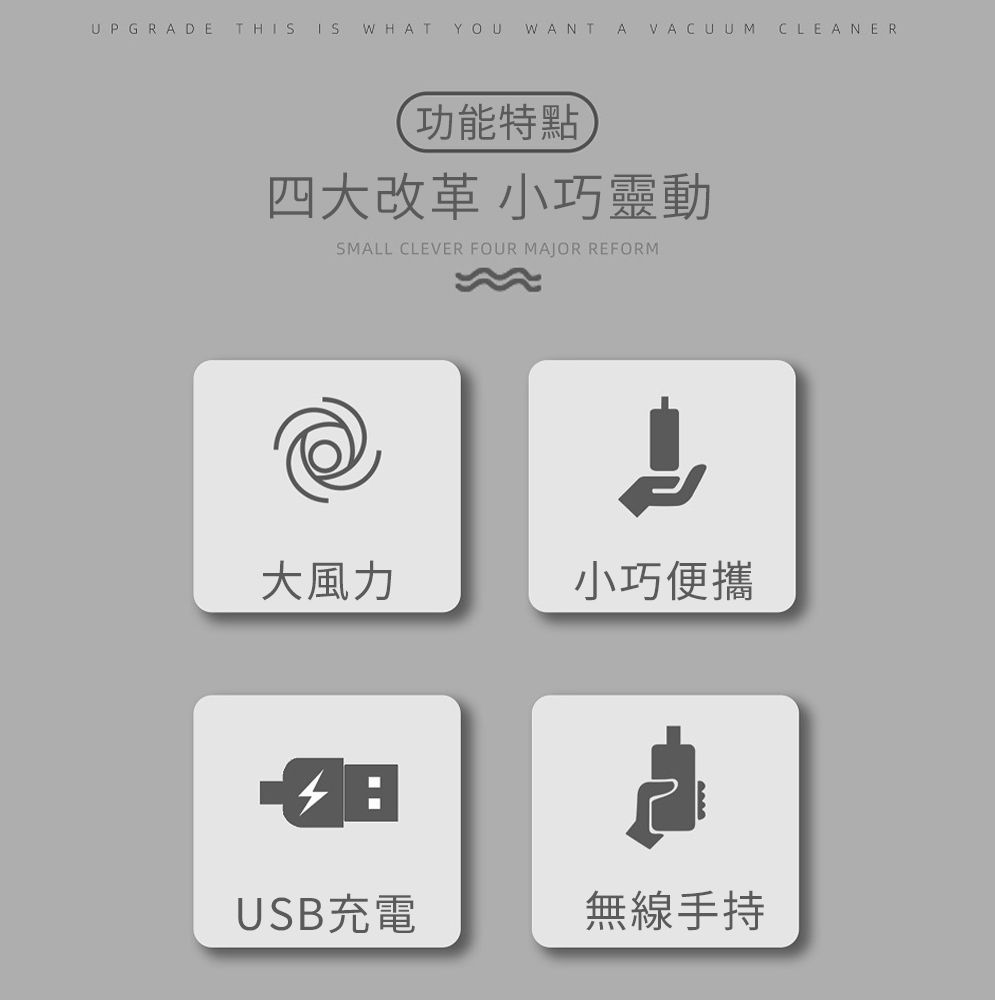 UPGRADE THSI S WHATYOU WANT A VACUUM CLEANER功能特點四大改革 小巧靈動SMALL CLEVER FOUR MAJOR REFORM大風力小巧便攜USB充電無線手持