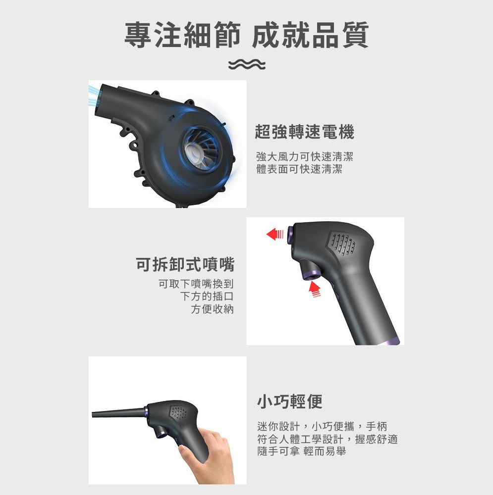 專注細節 成就品質可拆卸式噴嘴可取下噴嘴換到下方的插口方便收納超強轉速電機強大風力可快速清潔體表面可快速清潔小巧輕便迷你設計,小巧便攜,手柄符合人體工學設計,握感舒適隨手可拿 輕而易舉