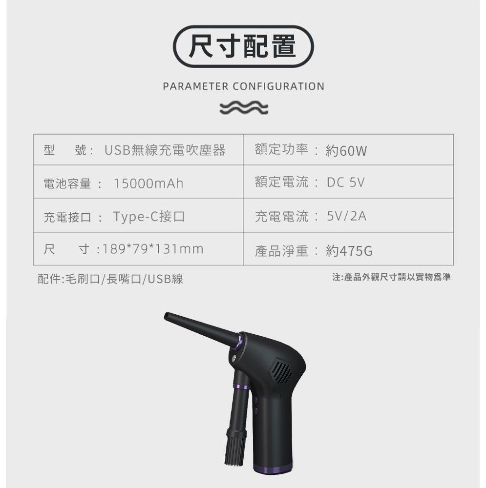 尺寸配置PARAMETER CONFIGURATION型 號: USB無線充電吹塵器額定功率:約60W電池容量: 15000mAh充電接口: Type-C接口額定電流: DC 充電電流: 5V/2A尺 寸:189*79*131mm產品淨重:約475G配件:毛刷口/長嘴口/USB線注:產品外觀尺寸請以實物為準