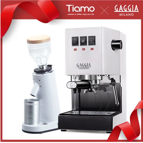 新版義大利GAGGIA CLASSIC專業半自動咖啡機-白色 (HG0195WH)+TIAMO K40R 錐刀磨豆機(HG1559WH)
