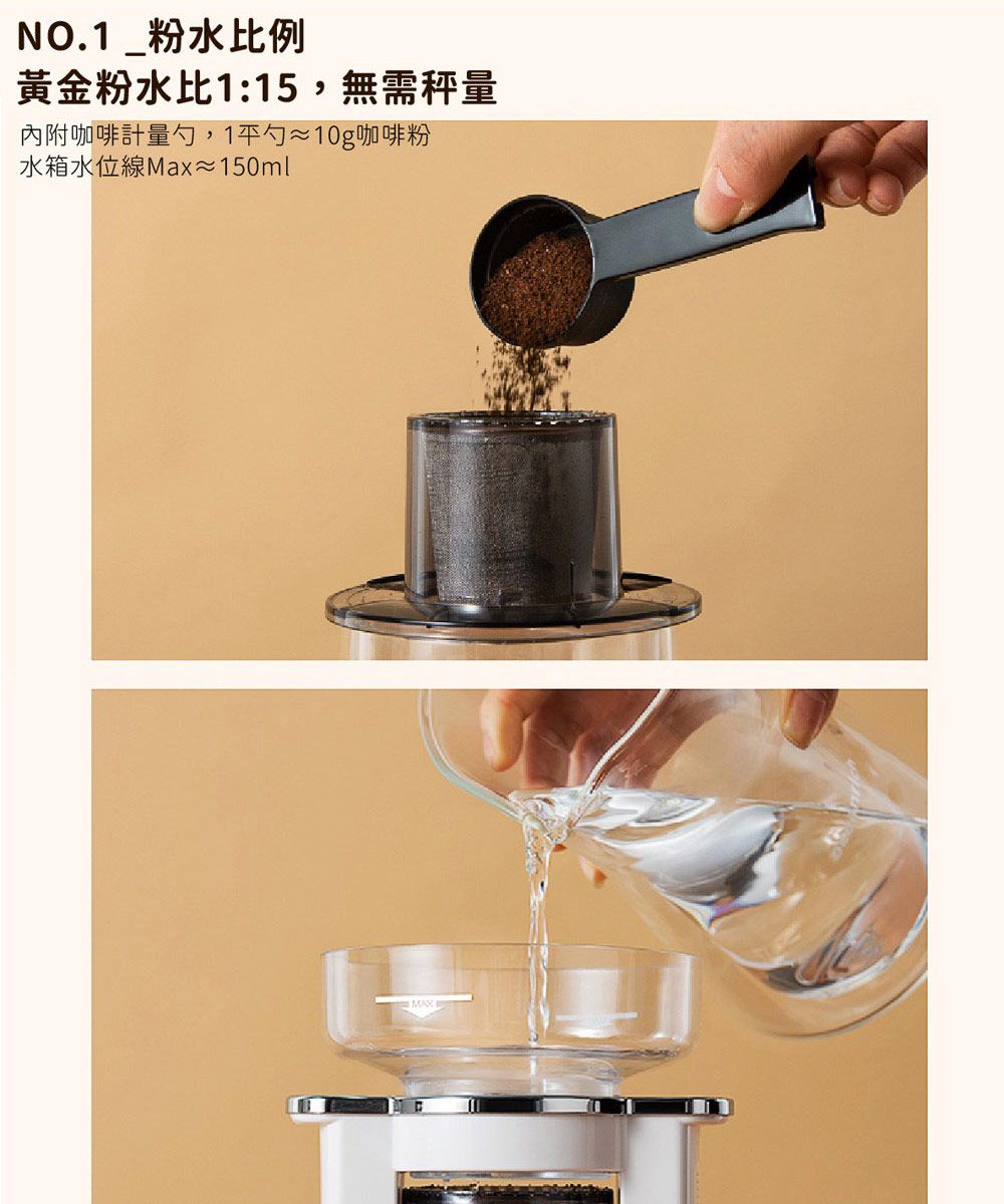 NO.1_粉水比例黃金粉水比1:15,無需秤量內附咖啡計量勺,1勺≈10g咖啡粉水箱水位線Max≈150ml