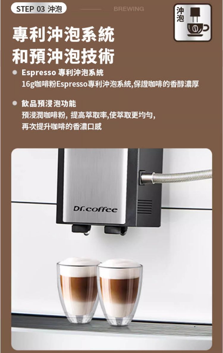 STEP 03 專利沖泡系統和預沖泡技術Espresso 專利沖泡系統BREWING沖泡16g咖啡粉Espresso專利沖泡系統,保證咖啡的香醇濃厚 飲品預浸泡功能預浸潤咖啡粉,提高萃取率,使萃取更均勻,再次提升咖啡的香濃口感Dr.coffee