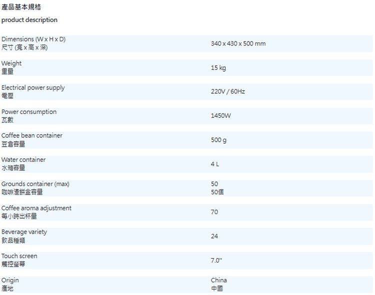 產品基本規格product descriptionDimensions (W x H x D尺寸(xx深)Weight重量Electrical power supply電Power consumption瓦數Coffee bean container豆倉容量Water container水箱容量Grounds container (max)咖啡渣餅盒容量Coffee aroma adjustment每小時出杯量340x430x500mm15 kg220V / 60Hz1450W500 g4L5050個70Beverage variety飲品種類Touch screen觸控螢幕Origin產地247.0China中國