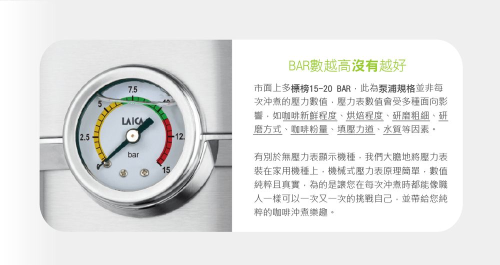 2557.5LAICAbar1512.BAR數越高沒有越好市面上多標榜15-20BAR此為泵浦規格並非每次沖煮的壓力數值,壓力表數值會受多種面向影響,如咖啡新鮮程度、烘焙程度、研磨粗細、研磨方式、咖啡粉量、填壓力道、水質等因素。有別於無壓力表顯示機種,我們大膽地將壓力表在家用機種上,機械式壓力表原理簡單,數值純粹且真實,為的是讓您在每次沖煮時都能像職人一樣可以一次又一次的挑戰自己,並帶給您純粹的咖啡沖煮樂趣。