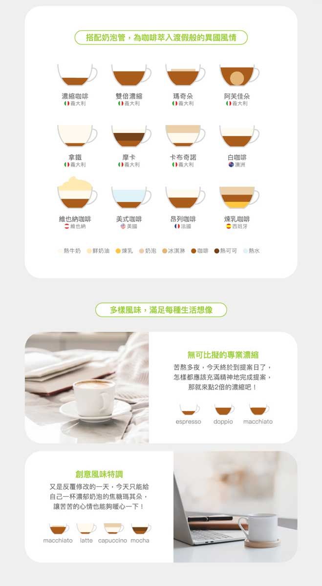 搭配奶泡管為渡假般風情濃縮咖啡雙倍濃縮瑪奇朵阿芙佳朵拿鐵摩卡卡布奇諾白咖啡維也納咖啡維也納美式咖啡昂列咖啡煉乳咖啡西班牙牛奶鮮奶油煉乳奶泡 冰淇淋咖啡▶熱可可 熱水多樣風味,滿足每種生活想像創意風味特調又是反覆修改的一天,今天只能給自己一杯濃郁奶泡的焦糖瑪其朵,讓苦苦的心情也能夠暖心一下!macchiato latte capuccino mocha無可比擬的專業濃縮苦熬多夜,今天終於到提案日了,怎樣都應該充滿精神地完成提案,那就來點2倍的濃縮吧!espressodoppio macchiato