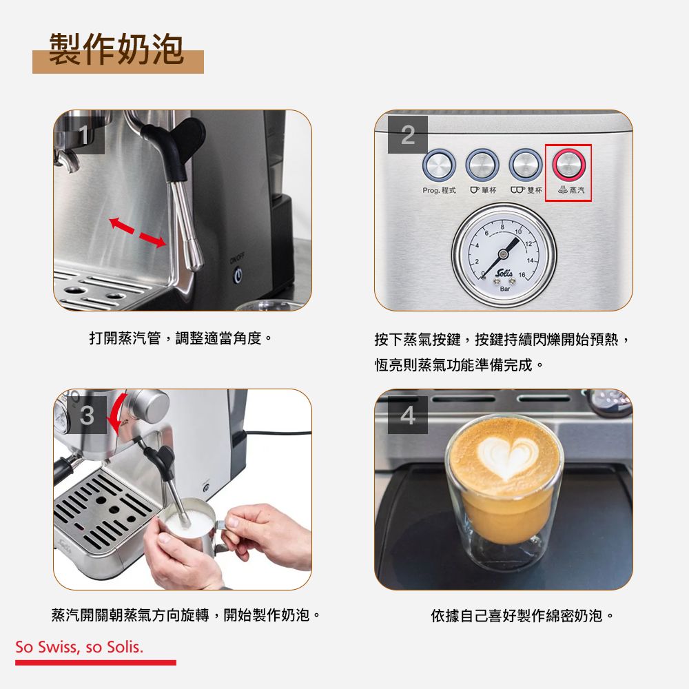 製作奶泡2Prog.程式 單杯 雙杯蒸汽 16Bar1214-打開蒸汽管,調整適當角度。按下蒸氣按鍵,按鍵持續閃爍開始預熱,恆亮則蒸氣功能準備完成。34蒸汽開關朝蒸氣方向旋轉,開始製作奶泡。依據自己喜好製作綿密奶泡。So Swiss, so Solis.
