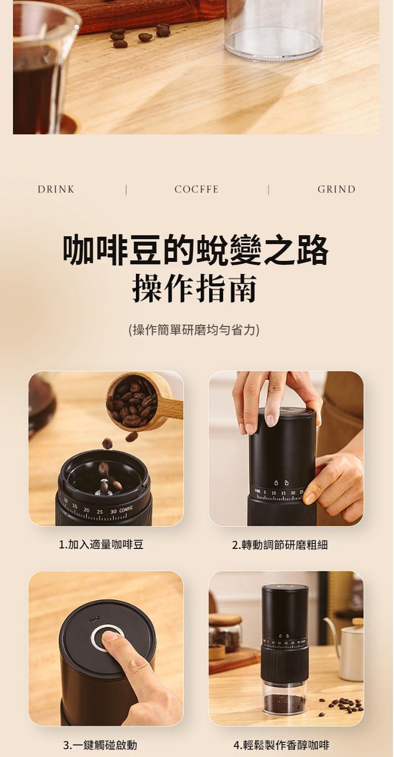 DRINKCOCFFEGRIND咖啡豆的蛻變之路操作指南(操作簡單研磨省力) 15 20 2530 COARSE1.加入適量咖啡豆2.轉動調節研磨粗細3.一鍵觸碰啟動4.輕鬆製作香醇咖啡