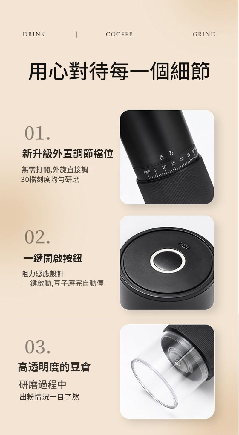 DRINKCOCFFEGRIND用心對待每一個細節01.新升級外置調節檔位無需打開,外旋直接調30檔刻度均勻研磨02.一鍵開啟按鈕阻力感應設計一鍵啟動,豆子磨完自動停03.高透明度的豆倉研磨過程中出粉情況一目了然FINE  10 15 20 25