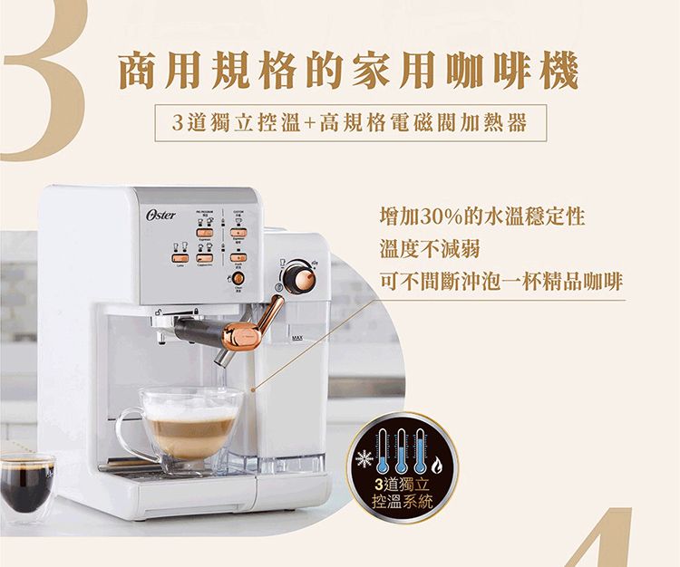 商用規格的家用咖啡機3道獨立控溫+高規格電磁加熱器Oster增加30%的水溫穩定性溫度不減弱可不間斷沖泡一杯精品咖啡3道獨立控溫系統