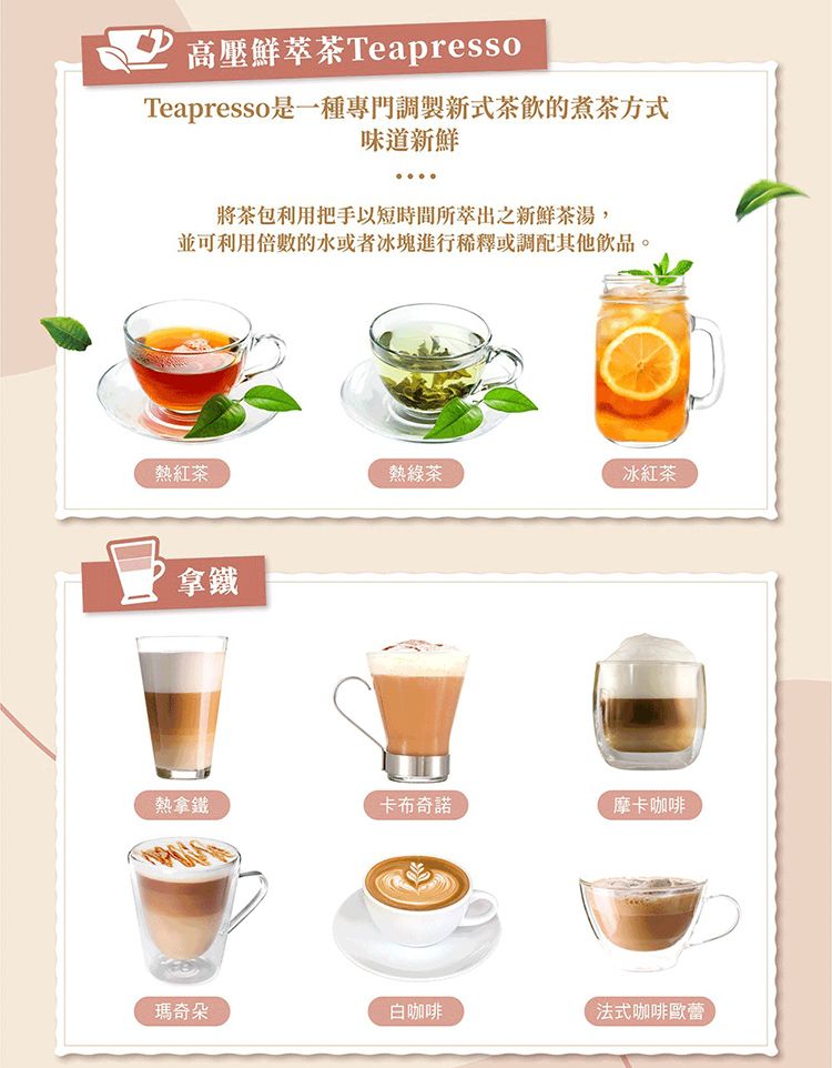 高壓鮮萃茶TeapressoTeapresso是一種專門調製新式茶飲的煮茶方式味道新鮮將茶包利用把手以短時間所出之新鮮茶湯,並可利用的水或者冰塊進行稀釋或調配其他飲品。熱紅茶熱綠茶冰紅茶拿鐵熱拿鐵卡布奇諾摩卡咖啡瑪奇朵白咖啡法式咖啡歐蕾