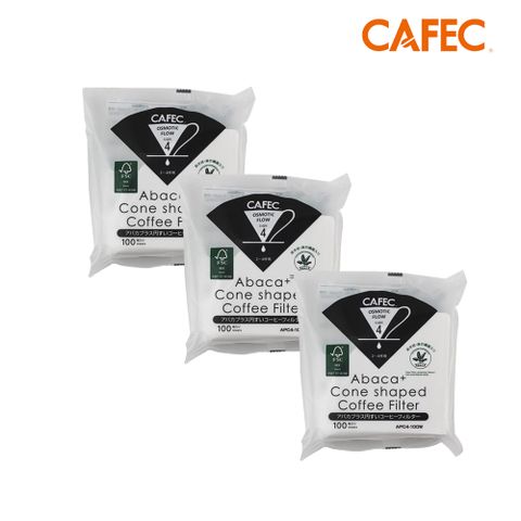 CAFEC 三洋日本製ABACA+ 麻纖維Plus白色錐形咖啡濾紙(2-4人份) 100張 APC4-100W-3入組